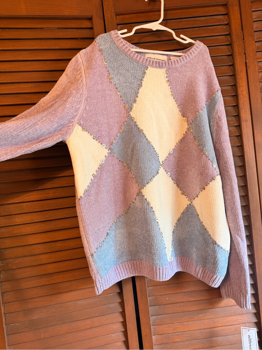 Alfred Dunner Pastel Argyle Crewneck Sweater - Lavender, Light Blue & Cream